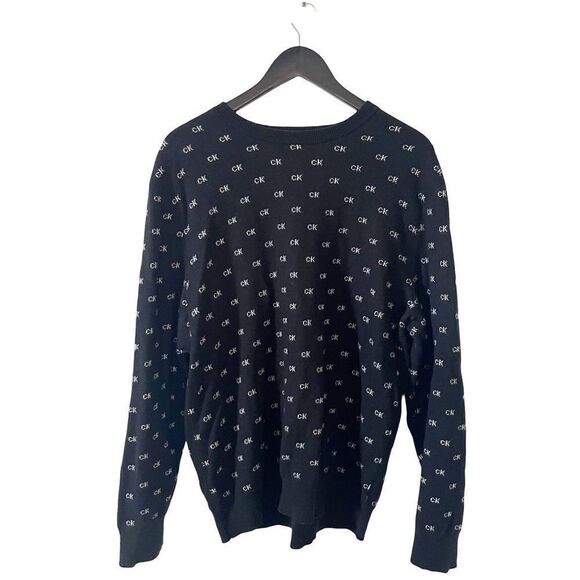 Calvin Klein Black Wool Blend CK Logo Pattern Crewneck Pullover Sweater - Picture 2 of 8
